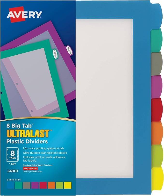 Avery Ultralast Big Tab Plastic Dividers for 3 Ring Binders, 8-Tab Sets, Multicolor with White Labels, 24 Sets, 192 Divider Tabs (24901)