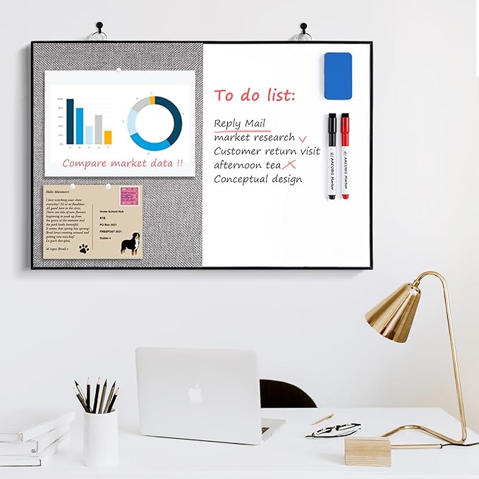 ARCOBIS Cork Board White Board Combo, 36"X24" Linen Bulletin Board Whiteboard for Wall, Magnetic Dry Erase Corkboard for Home, Office, School, Grey