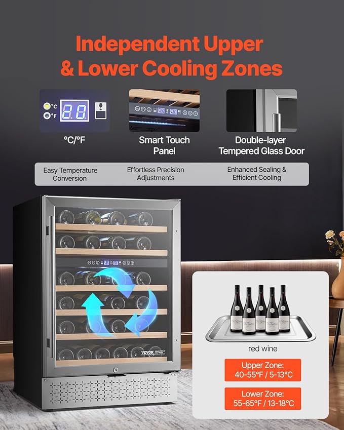 VEVOR Wine Cooler, 46 Bottle Dual Zone Wine Fridge, Built-in & Freestanding Fridge with Glass Door, Adjustable Shelves, Digital Temperature Control, Wine Cooler Refrigerator for Home, Office, Bar