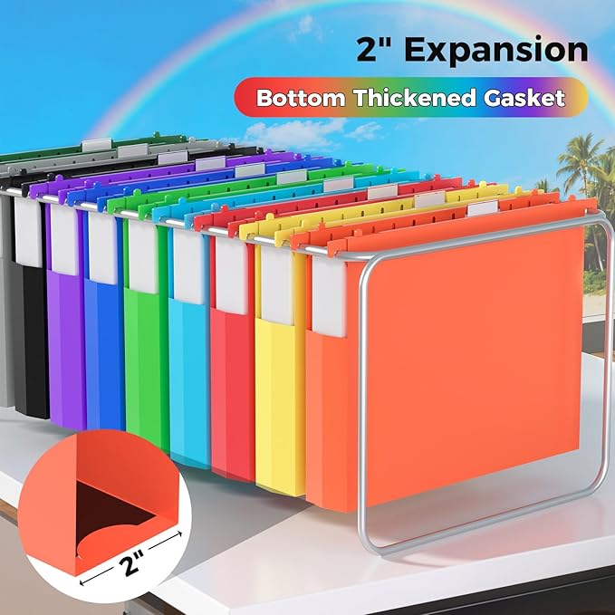 10pcs Hanging File Folders Letter Size, Plastic Hanging Folders, 2" Expandable File Folders Hanging with Tabs, File Organizer for Home Office School Document Organization, Assorted Colors