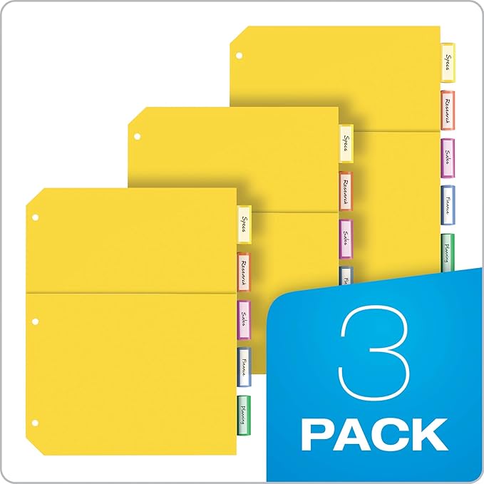 Oxford Plastic 2 Pocket Binder Dividers, 5 Tab 1/5 Cut, Multicolor Large Tab Set, Insertable Dividers with Paper Inserts, Letter Size, 3 Sets (89602) (Pack of 8)