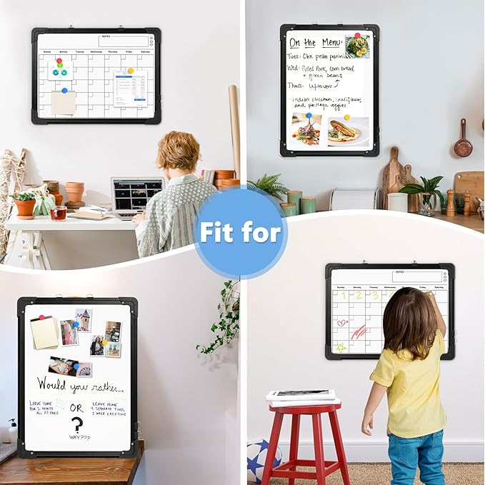 Small Calendar Dry Erase Whiteboard for Wall, 16" x 12" Magnetic Dry Erase Board, Double-Sided Hanging Monthly White Board Calendar for Drawing, Kitchen, Planning, Memo, Home, Office（ Black）