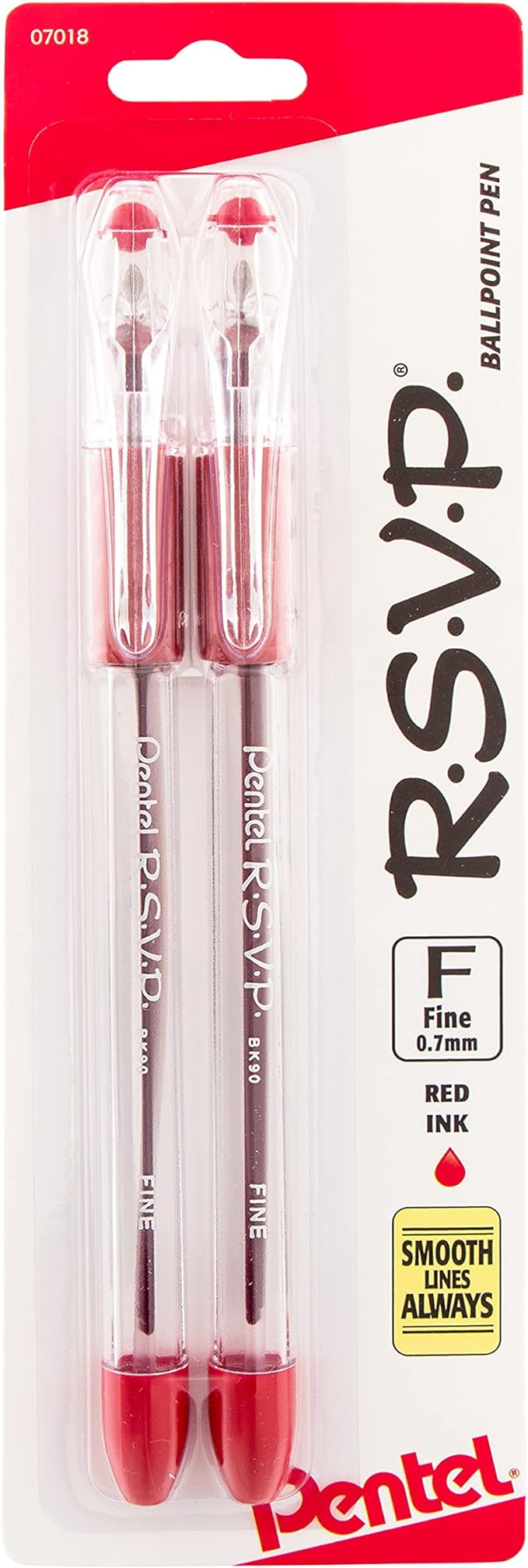 Pentel RSVP Ballpoint Pen, Fine Line, (0.7mm), Red Ink (BK90BP2B) (Pack of 1, 2 Count Total)
