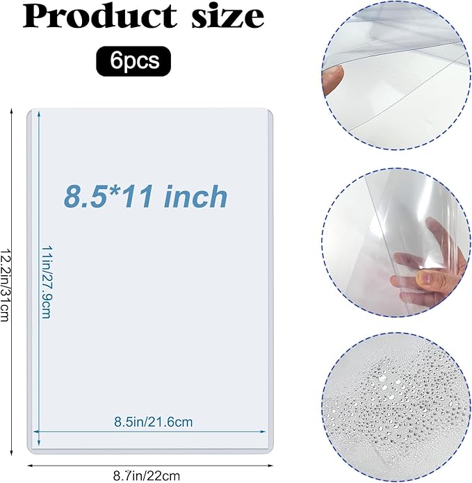 Rainmae 6 Pack 8.5" x 11" Rigid Print Protectors, Clear Waterproof Hard Plastic Page Sheet Protectors, Paper Sleeves Photo Plastic Sleeves Document Holder Birth Certificate Protector