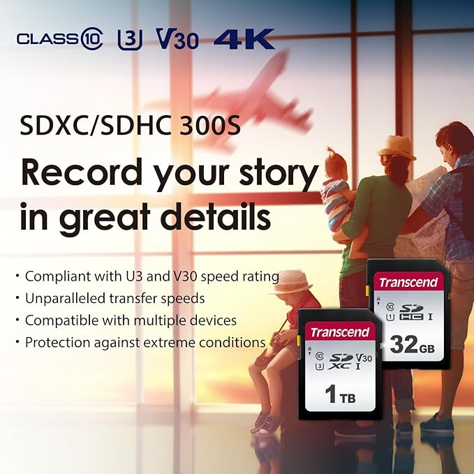 Transcend SDC300S 512GB SDXC Memory Card, Up to 100MB/s, UHS-I U3 V30, 4K UHD & Full HD, Class 10 High-Speed SD Card for Canon, Nikon, Sony, Pentax, Kodak, Olympus, Panasonic Digital Cameras