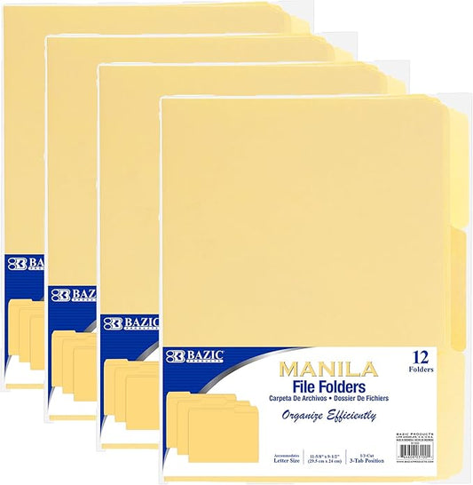 BAZIC Products Manila File Folders, 1/3-Cut Letter Size with Left, Right, and Center Tab Positions, Ideal for Organizing and Filing Documents, 12/Pack, 4-Pack