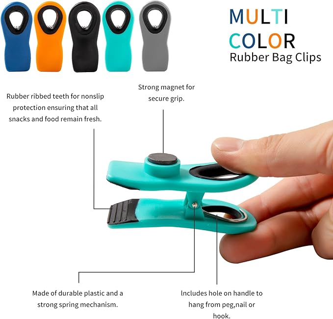 Chip Clips Bag Clips Magnetic Bread Bag Food Package with Silicone Textured Mouth, 10 Pieces in 5 Colors