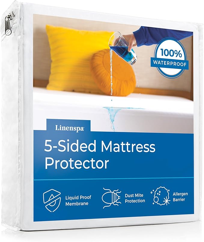 Linenspa 5-Sided Waterproof Mattress Protector – Breathable, Fitted Sheet Style, Machine Washable – California King Size Mattress Protector, White