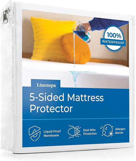 Linenspa 5-Sided Waterproof Mattress Protector – Breathable, Fitted Sheet Style, Machine Washable – Queen Size Mattress Protector, White