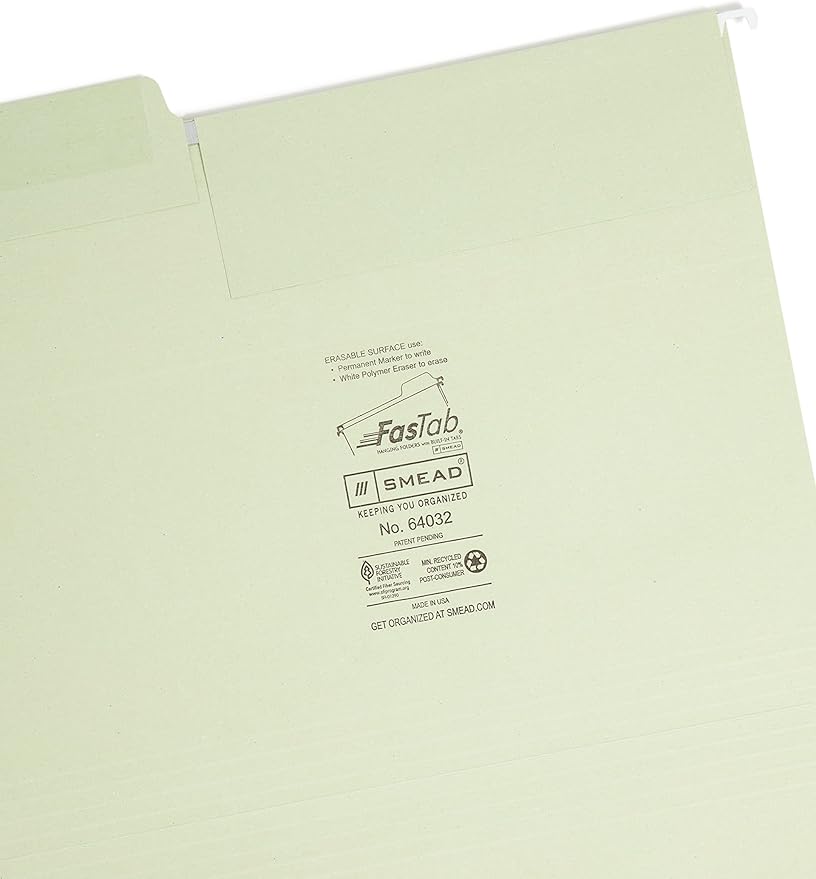 Smead Erasable FasTab Hanging File Folder, 1/3-Cut Built-in Tab, Letter Size, Moss, 20 per Box (64032)