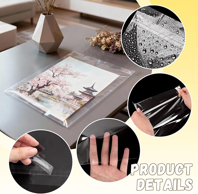 100 Pack 9 3/8 x 12 2/5 inches Crystal Clear Sleeves Storage Bags, Self Sealing Cellophane Bags Magazine Sleeves Protectors for 9x12 Photo Mats Art Prints Drawings