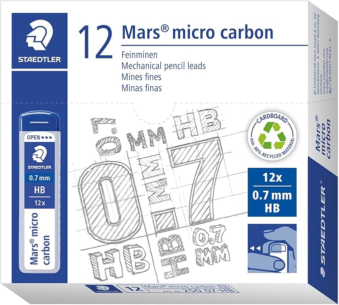 Staedtler Mars Micro Carbon Mechanical Pencil Refills, Tube of 12 0.7mm, Pack of 12 Tubes, HB Medium Point Graphite Leads, 250 07-HB