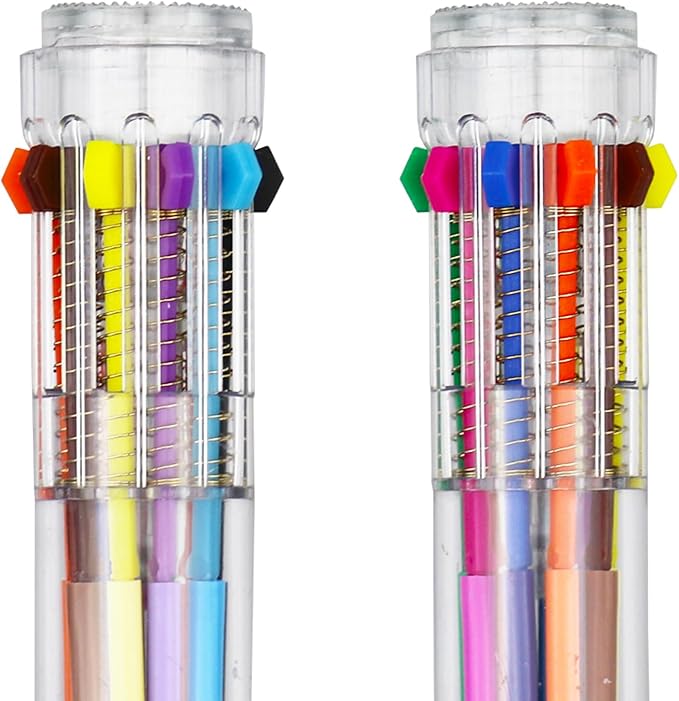 HeTaoCat Multicolor Pens 1 Pack 0.5mm 10-in-1 Retractable Ballpoint Pens - 10 Colors Transparent Barrel Ballpoint Pen for Office Supplies (Multicolor)