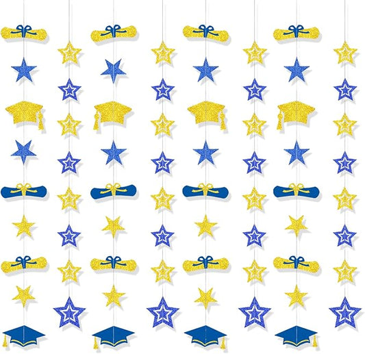 8-Pack 2026 Graduation Party Decorations - Blue Gold Glitter Backdrop with Cap, Diploma & Star Garland Banner Hanging Decor - Perfect for High School, College, and Middle School Graduation Parties