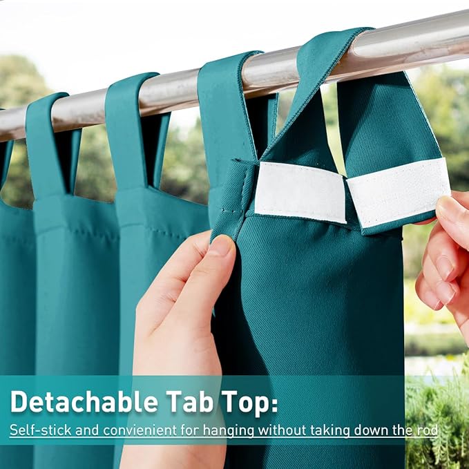 NICETOWN 2 Panels Peacock Teal Patio Curtainss Outdoor Waterproof with Self-Adhesive Tab Top, Thermal Insulated Heat & Cold Blocking Outdoor Curtainss for Easy Hanging & Sliding, W52 x L108