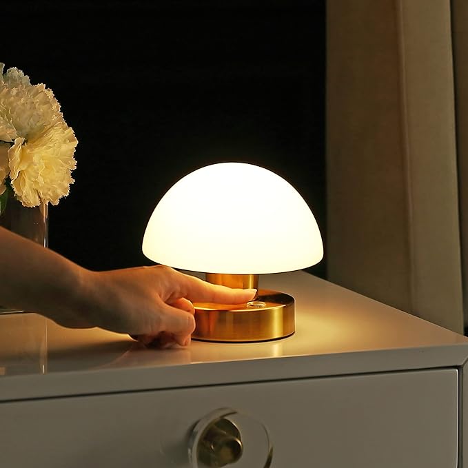 JONATHAN Y 5.75" Brass Gold/White Rechargeable Portable LED Table Lamp, Cordless Mushroom Accent Light for Bar, Nightstand, with Frosted White Glass Shade (JYL7113C)