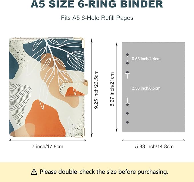 A5 Refillable 6 Ring Faux Leather Budget Binder,Mini Notebook Binder Cover for A5 Filler Paper,Loose Leaf Personal Planner Cover with Magnetic Buckle Closure(White Leaves)
