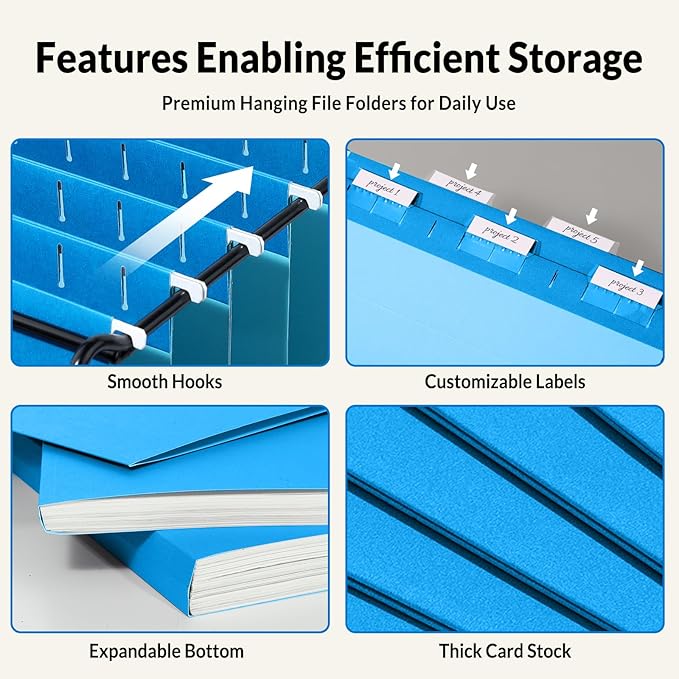 SUNEE 25 Pack Hanging File Folders, Blue Folders, Hanging File Folders Letter Size with 1/5-cut Tabs, Stay Organized for Your Home and Office Bulk File and Documents