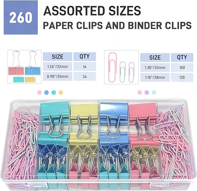 260PCS Colored Assorted Size Paper Clips and Binder Clips, Paperclips Large Medium Small, Binder Clip and Paper Clip Set for Home, School, and Office Supplies in a Container with Compartments