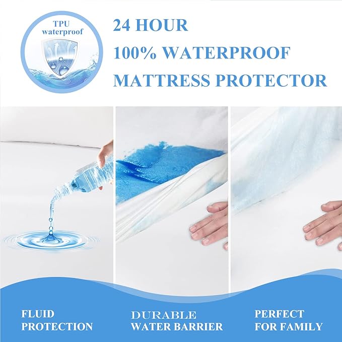 Full Size Waterproof Mattress Protector - Noiseless, Breathable, Machine Washable Fitted Mattress Cover with Deep Pocket up to 5”-21”（White）