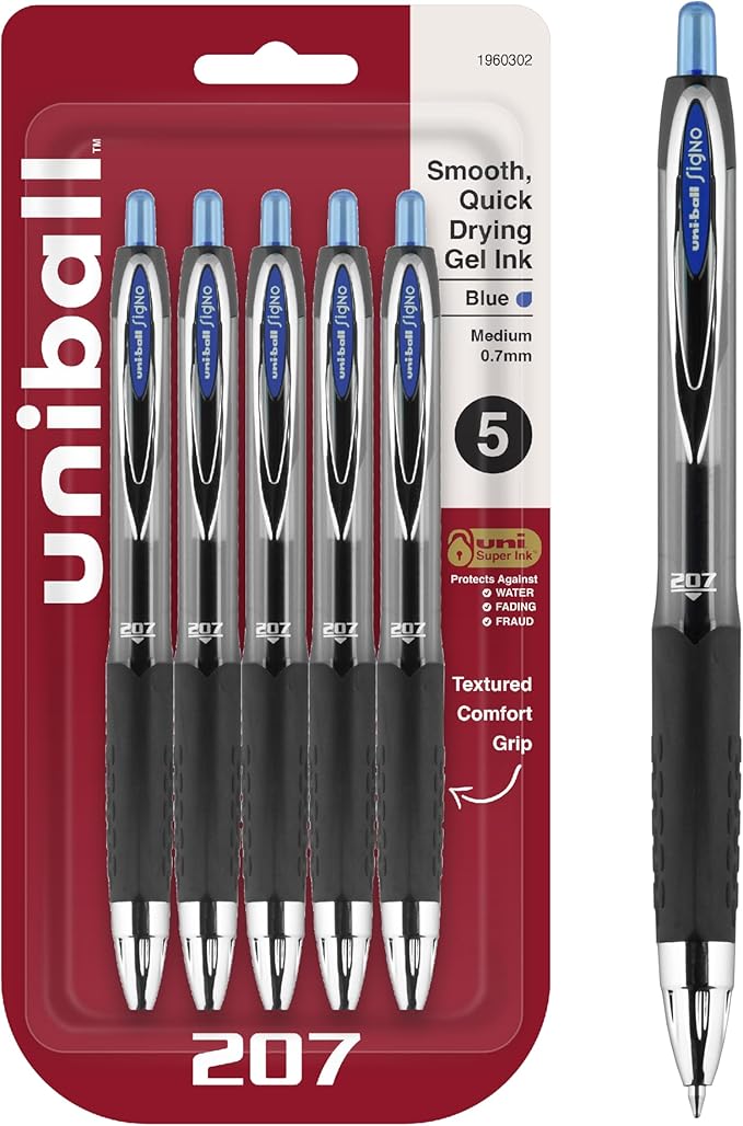 Uni-Ball Signo 207 Blue Retractable Gel Pens 5 Pack with Medium 0.7mm Points, Fraud Proof Office, Nursing, Business, School, Bible Pens
