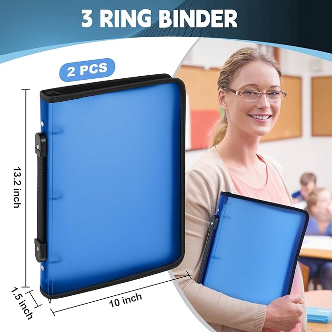 Teling 2 Pcs Plastic Zipper Binders with 3 Ring Zipper Binder, Refillable File Organizer Planner for Projects, Assignments, Memos, School Work (1 Inch,Blue)