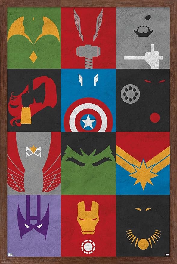 Trends International Marvel Comics - Avengers - Minimalist Grid Wall Poster, 22.375" x 34", Mahogany Framed Version