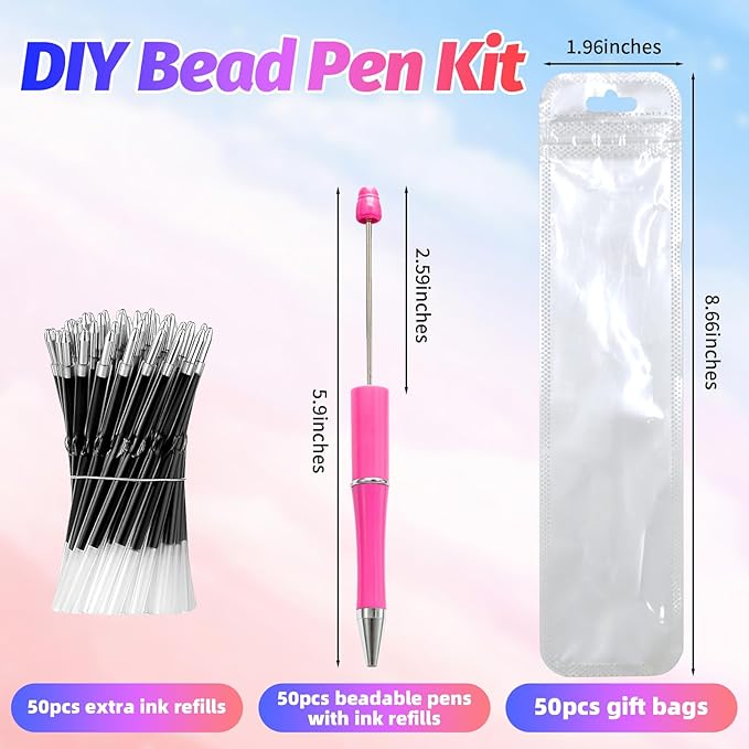 300 Pieces DIY Beadable Pen Kit – 100 Plastic Ballpoint Pens with Refills & Bags – School Supplies, Office Accessories & Decorative Items for Students & Teachers (Rose Red)