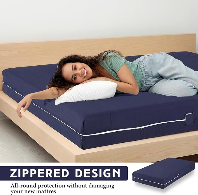 Zippered Mattress Fitted Protector Deep Mattress Encasement Soft Zipper Fitted Sheet Microfiber Bed Sheet Cover for Bed (Navy Blue,Queen,12-16in)