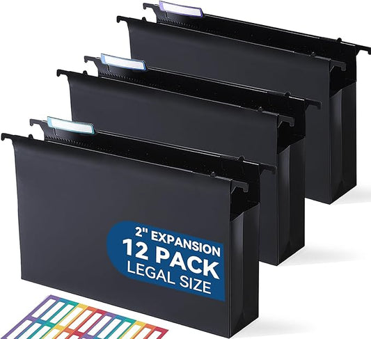 Plastic Extra Capacity Legal Size Hanging File Folders, 2" Expanding Pocket, Heavy Duty for Filing Cabinet, Insertable 1/5-Cut Tabs - 12 Pack