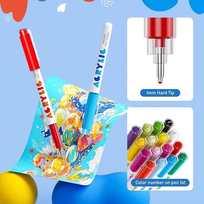 168 Colors Acrylic Paint Markers, Acrylic Ballpoint Pens Bullet Tip 1.0 mm, High Gloss Gel Pens, Non-Bleed Ink, Odorless, Quick-Drying, Smoothly for Detail Work, Writing, Doodling, Note taking