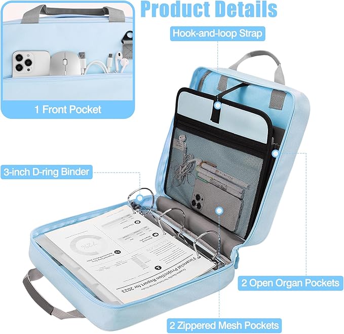 Moko Zipper Binder, 3 Inch 3 Ring Binder with Zipper,700 Sheets Capacity Zipper Binder with Shoulder Strap & Handle,Multi-Pocket Zipper Binder Organizer for Middle School, Blue+Gray
