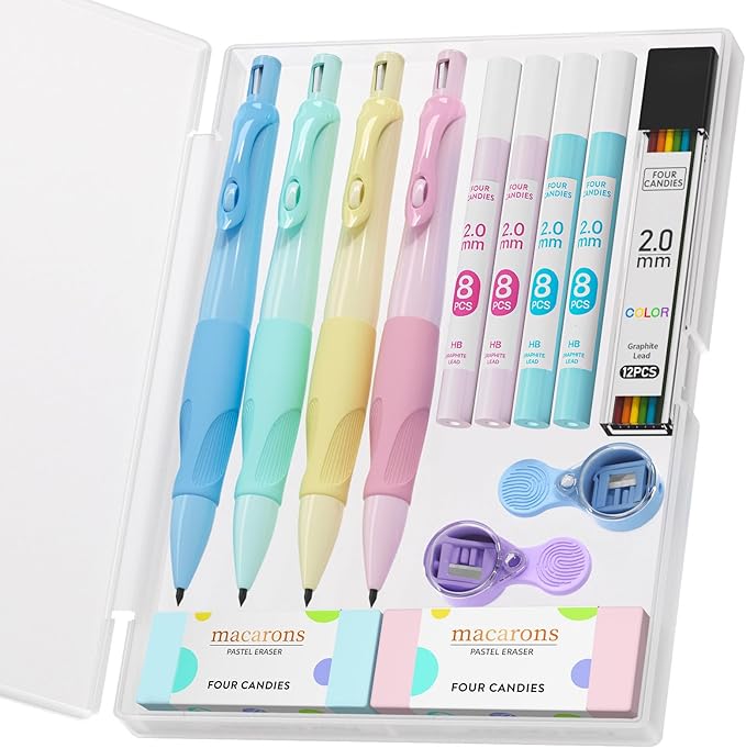 Four Candies 2.0MM Mechanical Pencil with Comfort Ergonomic Grip, 4PCS Cute Mechanical Pencils with 44PCS Lead Refills, 2PCS Sharpeners/Erasers, Aesthetic School Supplies for Kids Writing Drawing