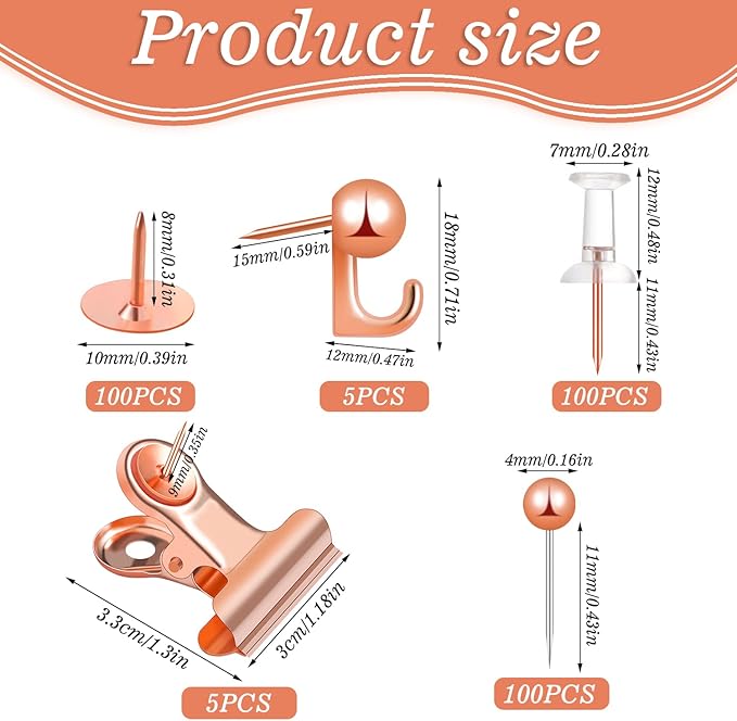 310 Pcs Rose Gold Push Pins Set, Thumb Tacks Decorative Push Pins for Cork Board with Push Pin Hook Pushpin Clip 5 Style Office Accessories for Cork Board Map Office (Rose Gold)