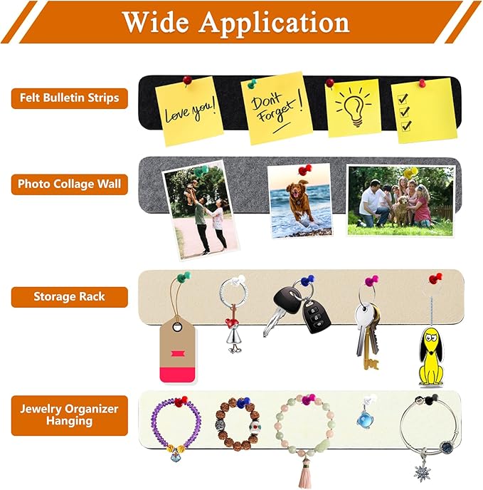8Pcs Rectangle Felt Cork Board Bar Strips with 35 Pushpins, Self-Adhesive Bulletin Board Strips for Office School Home Wall Decor Stickers Memos Schedules Photos Display -Gradual Grey& Camel