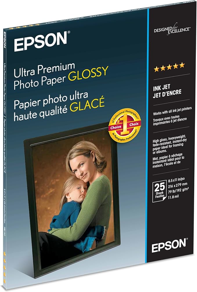 Epson Ultra Premium Photo Paper Glossy, Letter, 8.5 x 11, 25 Sheets (S042182), White