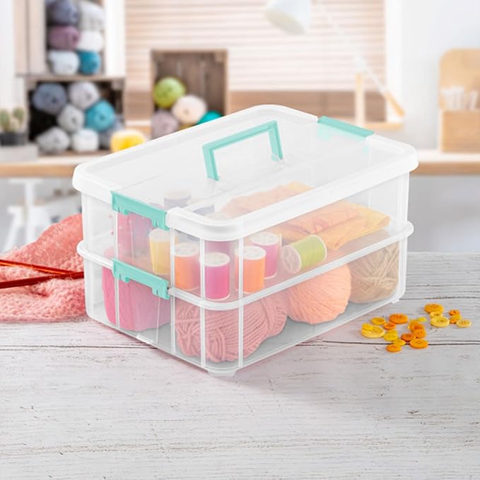 Sterilite 12-Pack Stack & Carry, 2 Layer Handle Box for Home & Office Storage - Clear Base & Lid with Color Latches, Organizer for Art & Craft Supplies, Sewing Tools or 8.5" x 11" Paper