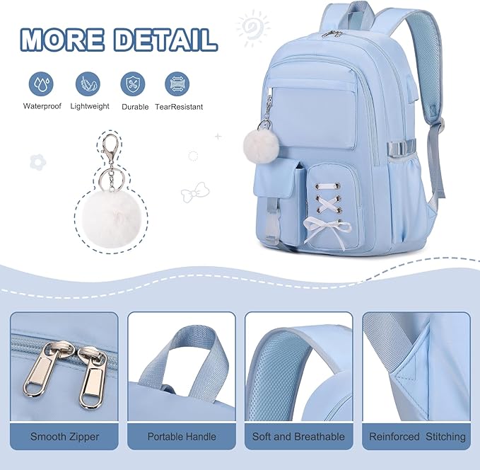 Backpacks for Girls, Girls Backpack with Lunch Box & Pencil Pouch for Teens Girl Kids Elementary Middle High School College Student Bookbag Daypack Laptop Travel Backpack for Women (Blue)