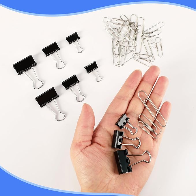 SANNIX 500Pcs Paper Clips and Binder Clips Assorted Sizes, Silver Paper Clips Black Binder Clips with Large Medium Small Size in Container for Office Home School Supplies Document Organizing