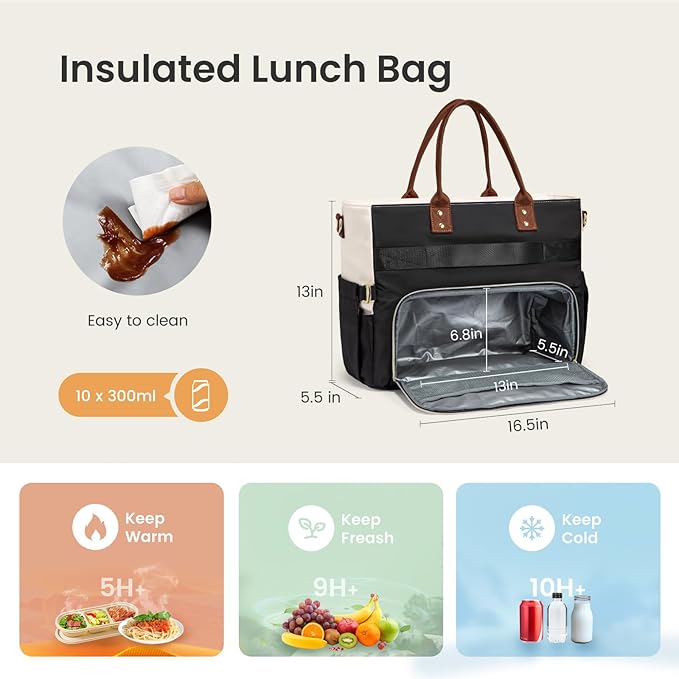 LOVEVOOK Insulated Lunch Bag, Large Capacity Tote with Lunch Compartment, Laptop Bag with Cup Holder, Work Bags for Women, Nurse Lunch Tote for Office, Picnic, 17.3 Inch Black-Beige-Brown