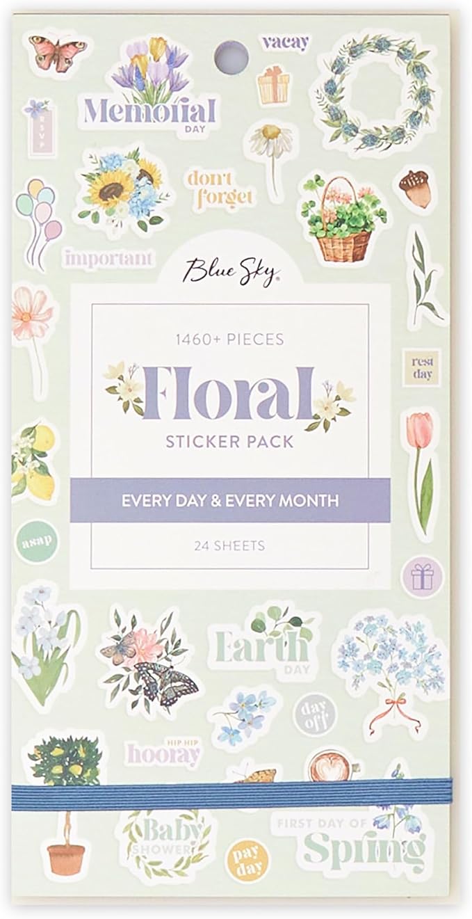 Blue Sky Sticker Book, Everyday and Monthly Planner Stickers, Undated, Glued with Bungee, 1460+ Stickers for Journals and Calendars (Floral, 4.5" x 9")