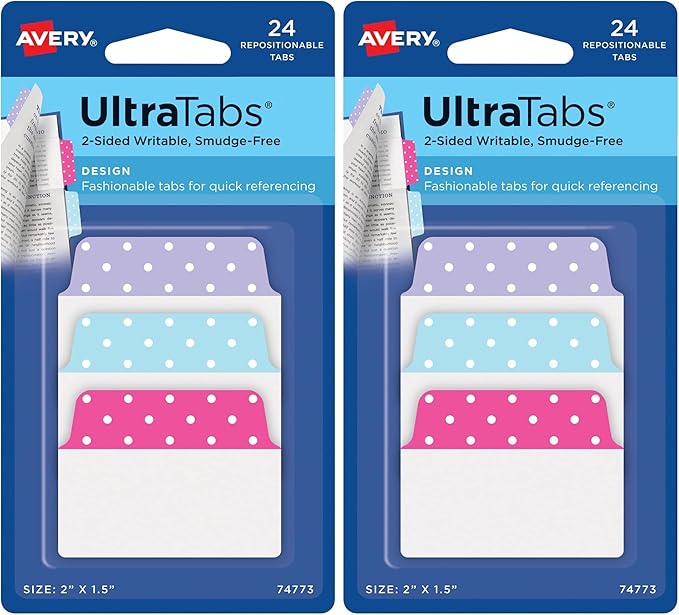 Avery Multiuse Ultra Tabs, 2" x 1.5", 2-Side Writable, Assorted Pastel Dots, 24 Repositionable Tabs (74773) (Pack of 2)