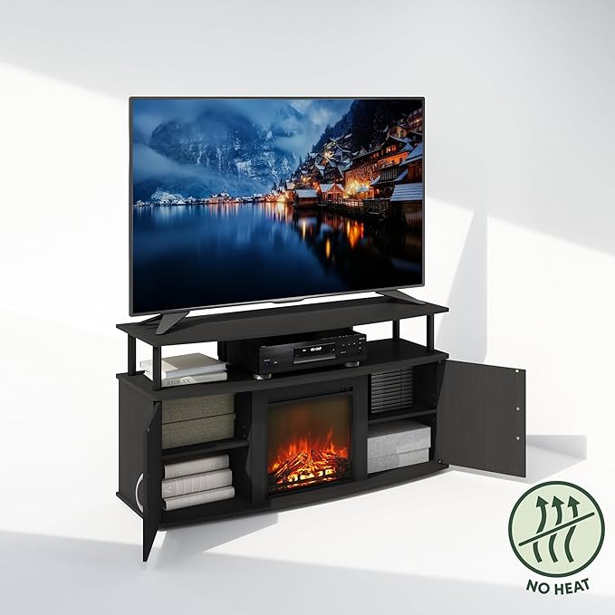 Furinno Jensen Fireplace TV Stand, NO Heat Decorative Electric Fireplace Corner TV Stand for TV up to 55 Inch, with Doors Storage Cabinet, for Living Room, Americano/Black