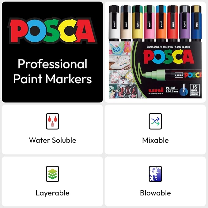 uni POSCA PC-5M Water-Based Paint Markers, Reversible Medium Tip (1.8-2.5mm), Assorted Colors, 16 Pack
