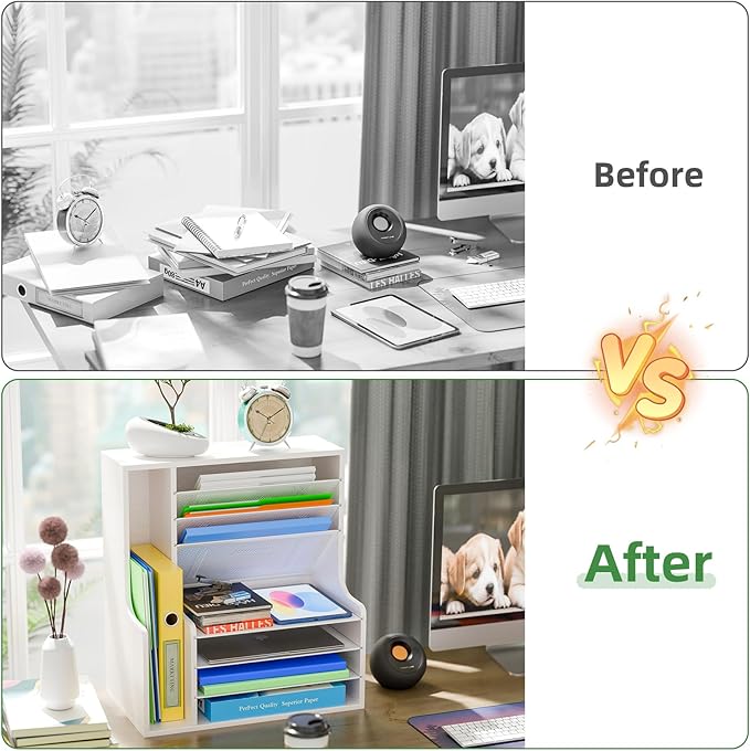 Simple Trending 7 Tier Desk File Organizer, Wooden Letter Tray Paper Organizer with Adjustable File Holder, Mesh Desktop Organizer and Storage for Office Supplies, White