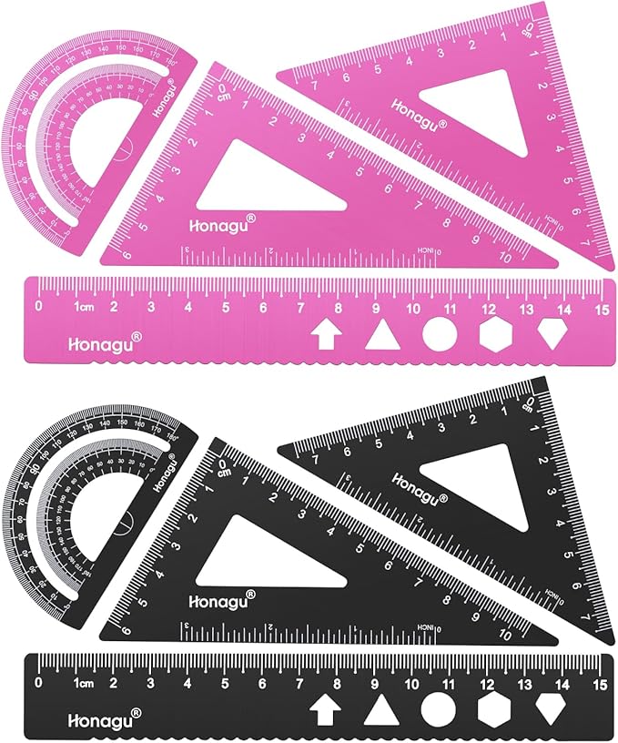Honagu Aluminum Alloy Triangular Ruler Set, 2 Sets/8 Pieces, 15cm/5.9inches, Pink & Black
