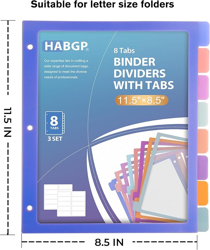 HABGP Binder Dividers with Tabs,8 Tab Dividers for 3 Ring Binder, Multi-Colored Page Binder Dividers Letter Size Plastic File Folder Pastel Color for Notebook School, 3 Hole Punch, 3 Set Total 24 Pcs