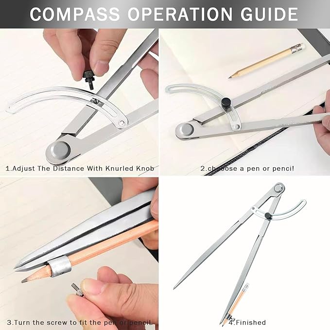 Compass Geometry Tool Set – 12 Inch Drafting Compass with Wing, 6 Inch Protractor, 12 Inch Metal Ruler & Pencils – Precision Drawing Compass for Geometry, Woodworking, Carpenters, Students-L2