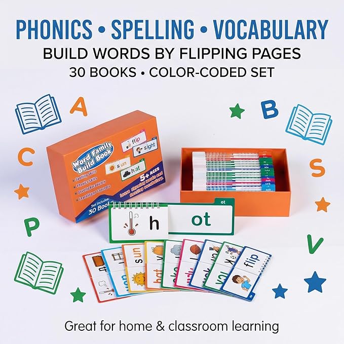 30 Word Family Build Book & Read and Rhyme Flip Book - Phonics & Sight Words Flash Cards for Preschool/Kindergarten, Fun Learning Tools for Classroom Homeschool to Master Early Reading