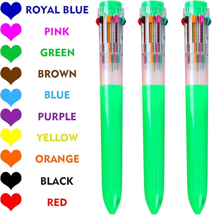 HeTaoCat Multicolor Pens 3 Pack 0.5mm 10-in-1 Retractable Ballpoint Pens - 10 Colors Transparent Barrel Ballpoint Pen for Office Supplies (Green)